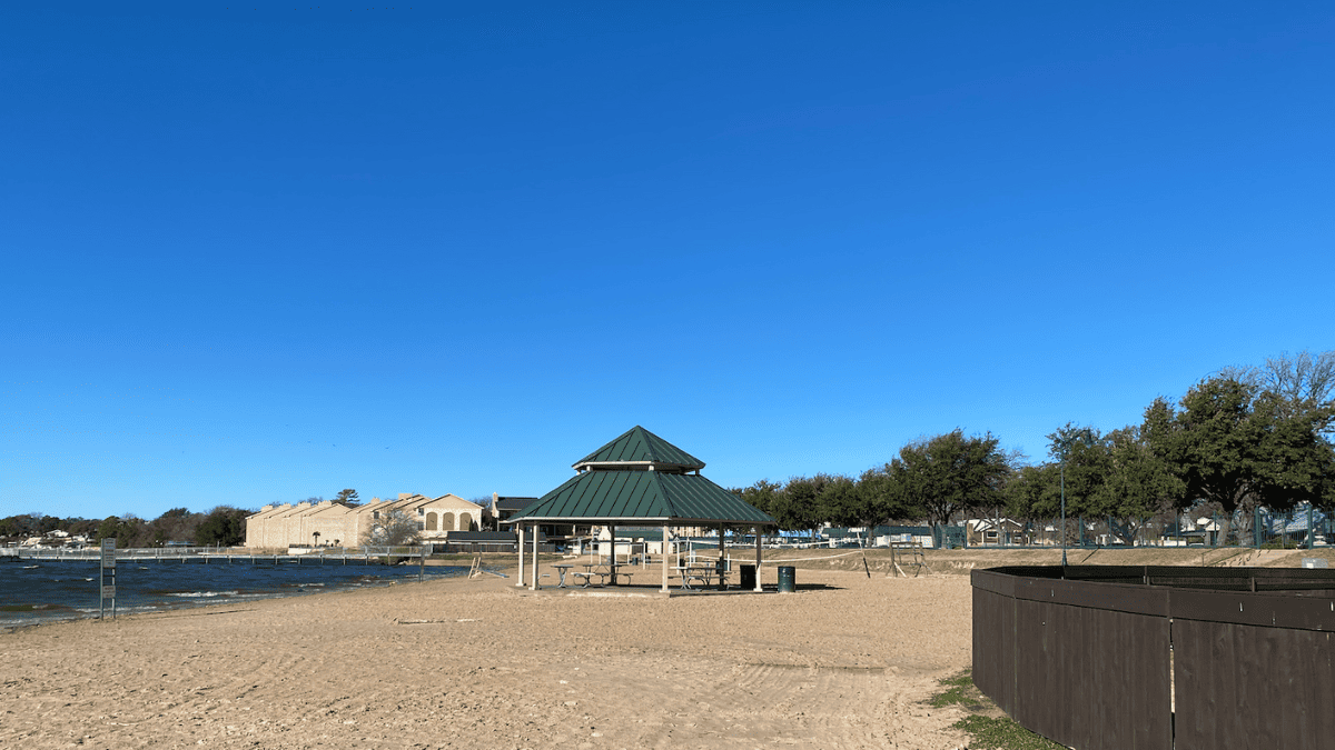 a photo of granbury city beach park with views of water and pavillion