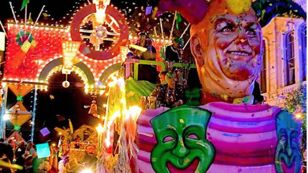 colorful float at the mardi gras galveston